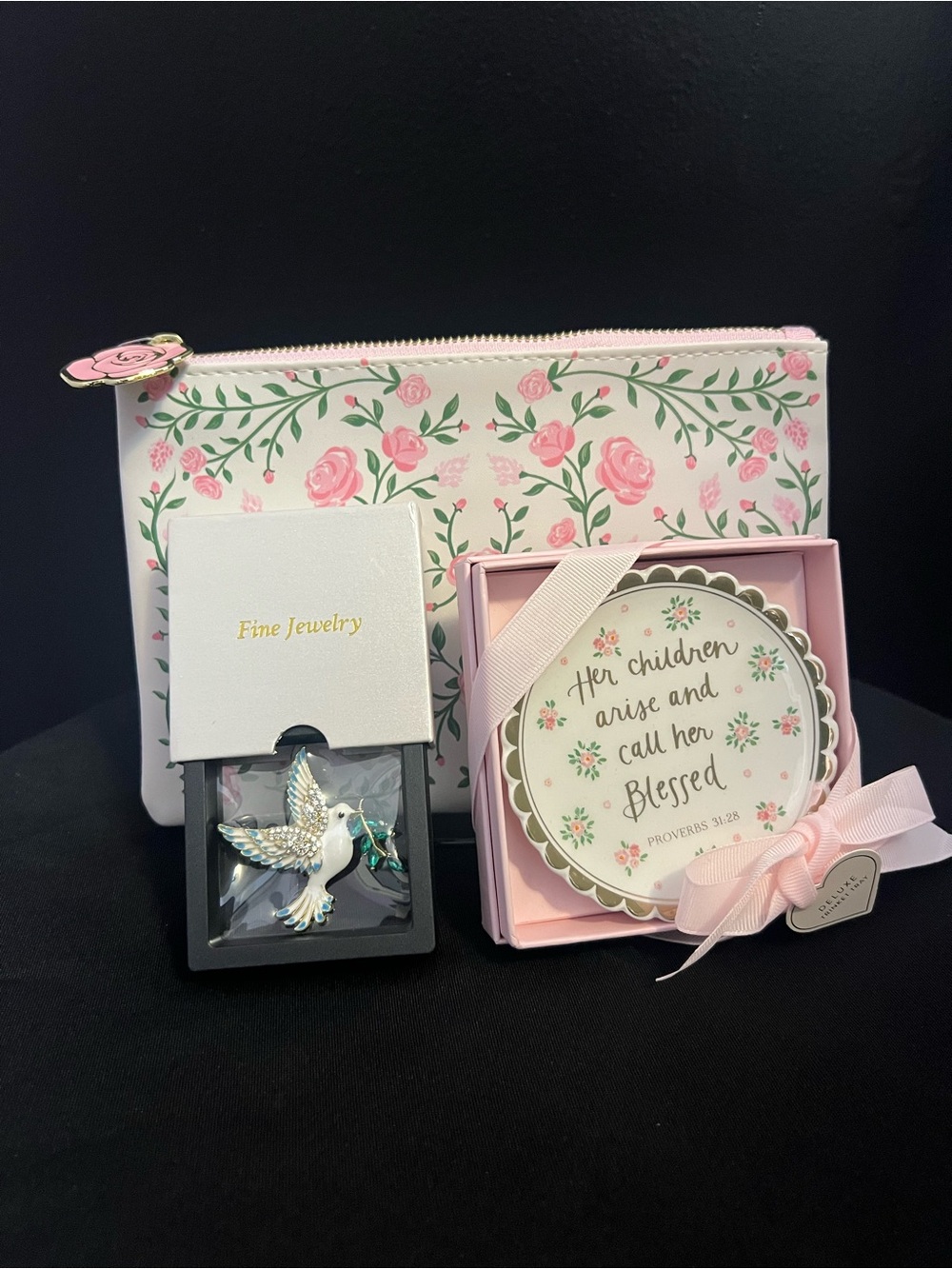 Bundle Rose Scripture Trinket Tray and Rose Print Pouch Set , Dove Brooch - Picture 4 of 6
